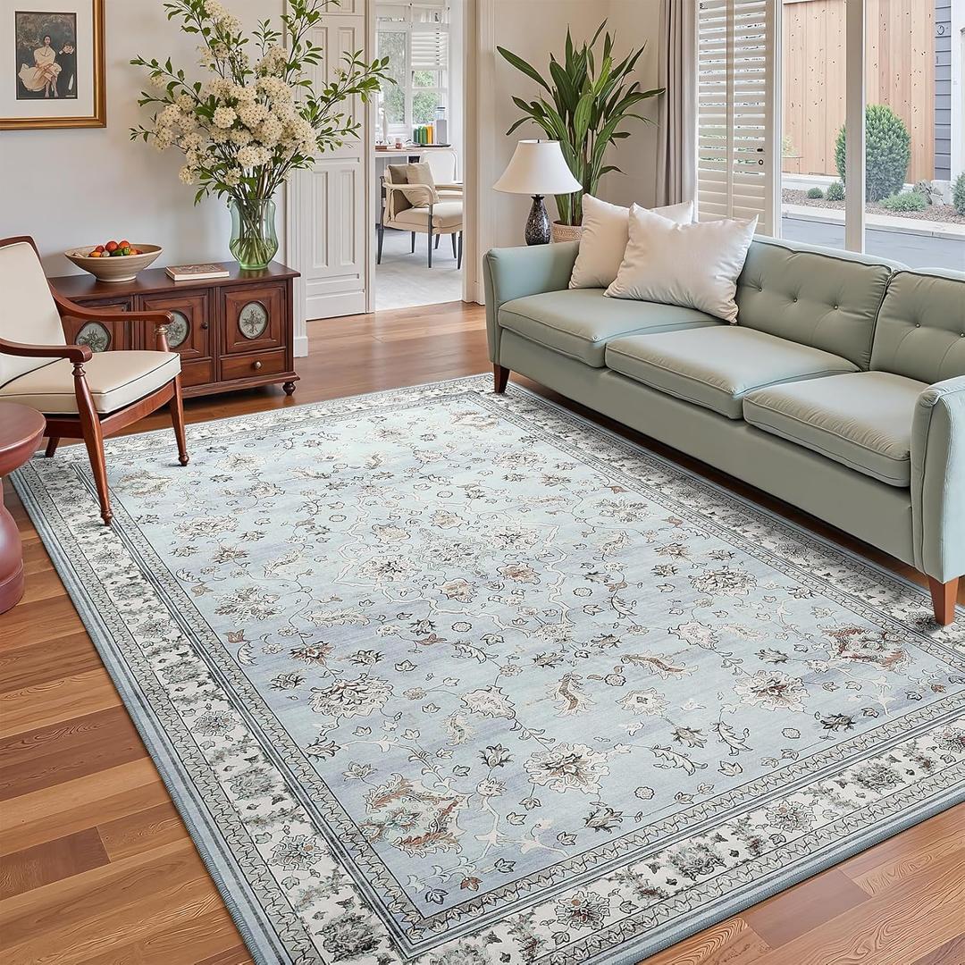 5x7 Light Blue Washable Boho Area Rug for Living Room, Vintage Floral Non Slip Bedroom Rugs, Wool Low Pile Indoor Mat, Aesthetic Pattern Carpet for Kitchen, Office and Kids Room