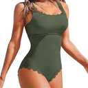Charmo Womens Scalloped Ribbed One Piece Swimsuits Retro Square Neck Modest Bathing Suits (Green, M)