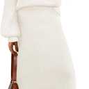 MEROKEETY Women's Fuzzy 2 Piece Outfit Winter Long Sleeve Off Shoulder Pullover Top Midi Skirt Matching Lounge Sets (White, XL)