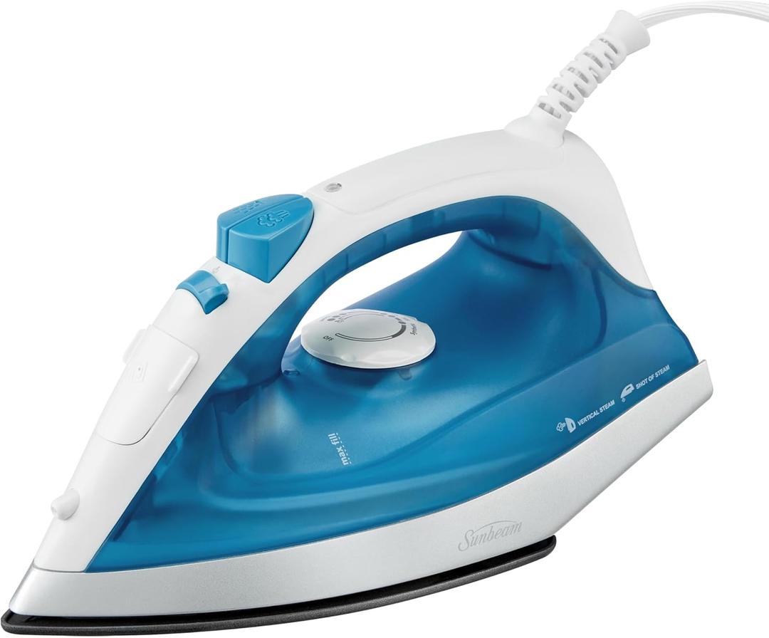 Sunbeam Compact Steam Iron, 1200 Watts, Non-Stick Soleplate, Powerful Shot of Steam, Horizontal or Vertical, Spray Mist, Precision Tip, White/Blue
