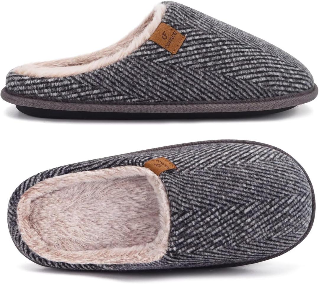 COFACE Mens Cozy Memory Foam Scuff Slippers Casual Slip On Warm House Shoes Indoor/Outdoor Sandal Slippers With Arch Support Rubber Sole Size 7-15 (11, Grey Twill)