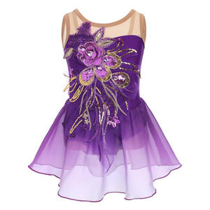 Ice Figure Skating Dress for Girls Sparkly Sequins Sheer Mesh Chiffon Ballet Dance Leotard Dress Ballerina Outfits, Size S
