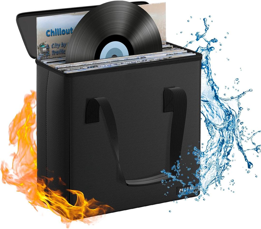 Fireproof Vinyl Record Storage Box,Water Resistant Small Record Storage Organizer,Collapsible Vinyl Record Storage,Carrying Case with Lid,Holds 30 Albums-7/12 inch-Black
