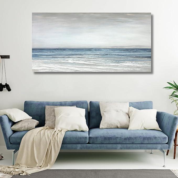 TRAIN2 ART Abstract Wall Art Painting Wall Decor Large Artwork Textured Blue and White Sea Background Canvas Wall Art for Living Room Bedroom Home Decor 24"x48"