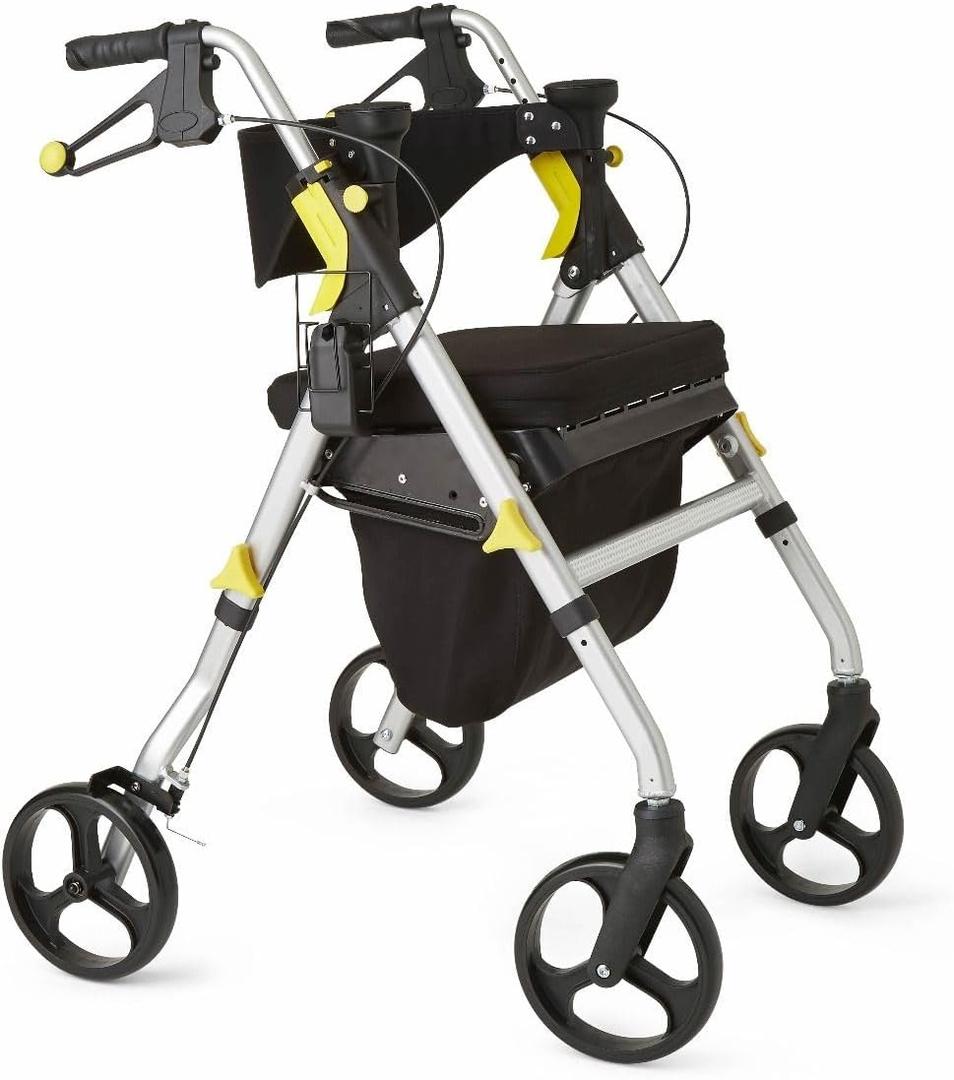 Medline Premium Empower Rollator Walker with Seat, Folding Rolling Walker with 8-inch Wheels, Silver