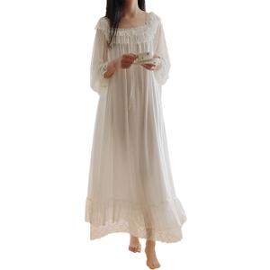 Women's Lace Vintage Victorian Nightgown Long Sleeve Sleepwear Nightdress (White#3) Small