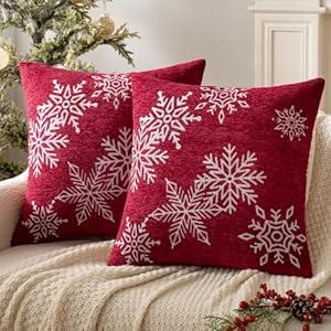 Pack of 2 Red Decorative Throw Pillow Covers 18x18 Inch Soft Chenille Pillow Cases with Snowflake Embroidery Farmhouse Couch for Home Decor Sofa Bedroom