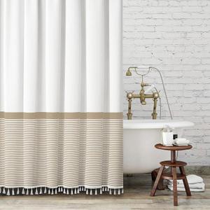 Seasonwood Extra Long 84 Inch Tall Shower Curtain Beige and White Striped Shower Curtain with Tassels Water Repellent, Wrinkle Free