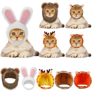 Weewooday 5 Pcs Cat Adorable Costume Bunny Hat with Ears Funny Mane Cat Hat for Pets and Small Dogs Kitten Puppy Party Costume Accessory Headwear(Rabbit, Lion, Leopard, Tiger, Giraffe)