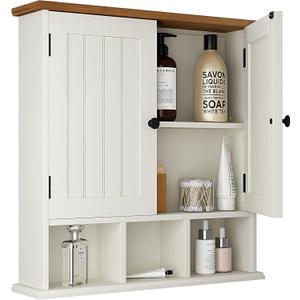 ChooChoo Bathroom Cabinet Wall Mounted 2-Door with 3 Open Shelves Wooden Medicine Cabinets with Adjustable ShelfSpace Saver Storage Cabinets Over The Toilet for Bathroom&Living Room,White Brown (1 pack)