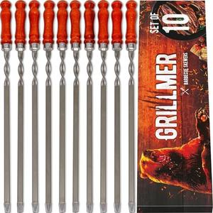 Premium BBQ Skewers with Wooden Handles 23.6" Shish Kabob Skewers Stainless Steel Long & Reusable Kabob Sticks Barbecue Skewers for Grilling Set of 10 Piece (10, 23.6 Inches)