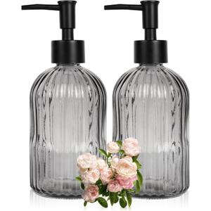 2 Pack 11oz Glass Soap Dispenser with Plastic Pump, Vertical Stripe Design Refillable Hand Soap Dispenser for Hand Wash, Bathroom and Kitchen