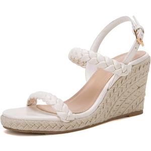 Womens Espadrille Wedge Sandals Heels Platform Braided Ankle Strap Buckle Open Toe Summer Party Dress Shoes (8.5, White)