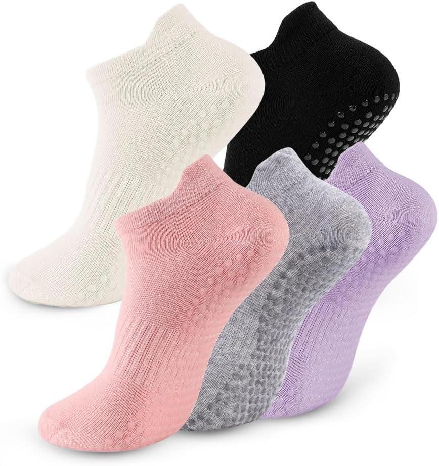 5 Pairs Pilates Socks with Grips for Women Non Slip Grip Yoga Crew Socks for Barre Hospital Barefoot Workout (Purple White Pink Grey Black)