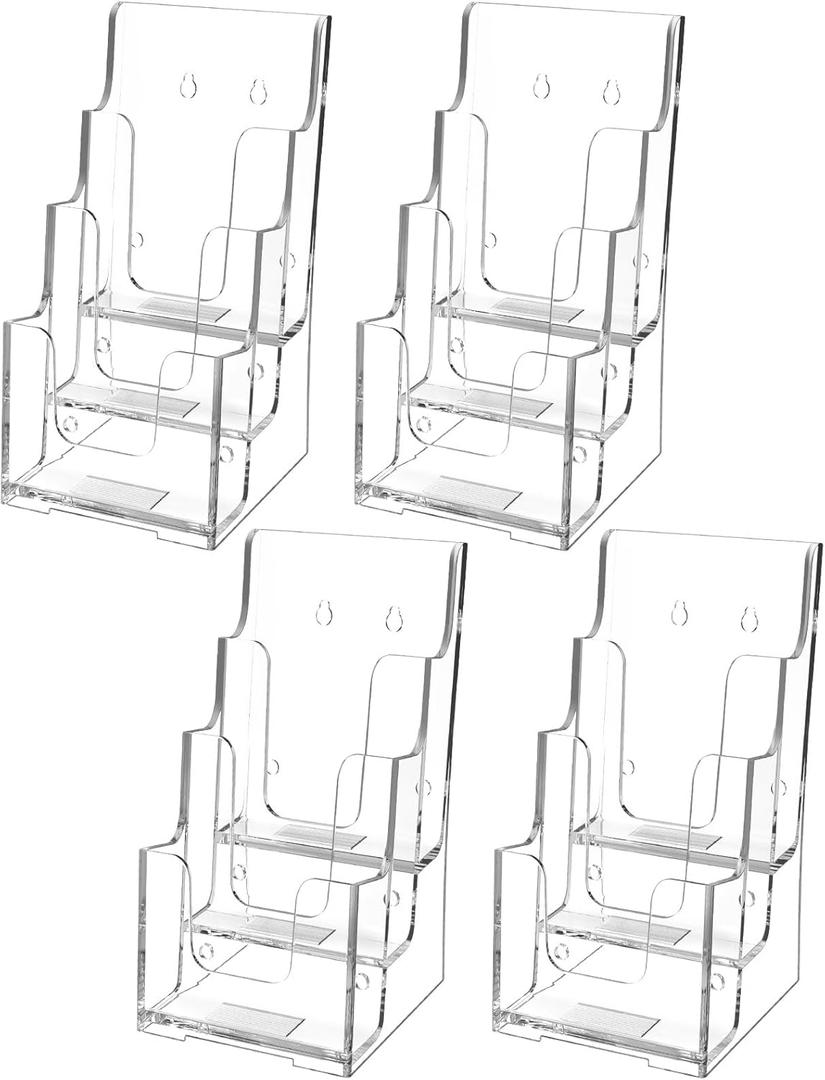MaxGear Acrylic Brochure Holder, 4 Inch Wide 3 Tier Literature Display Stand, Clear Premium Acrylic Pamphlet Holder, Multi Pocket Wall Mount or Countertop Organizer, Office or Home Use, 4 Pack