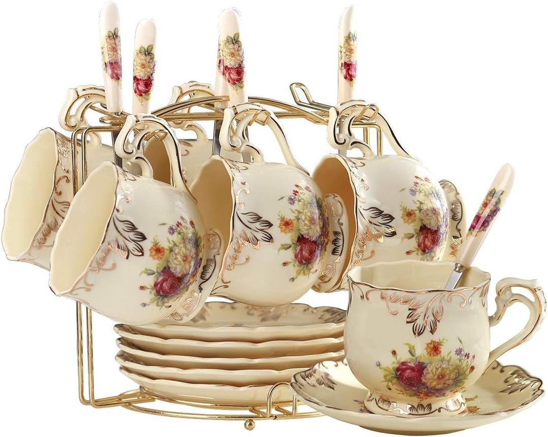 YOLIFE Flowering Shrubs Tea Cups and Saucers Set of 6, Ivory Ceramic Floral Tea Cups Set with Golden Rack, Coffee Cups, 8 oz