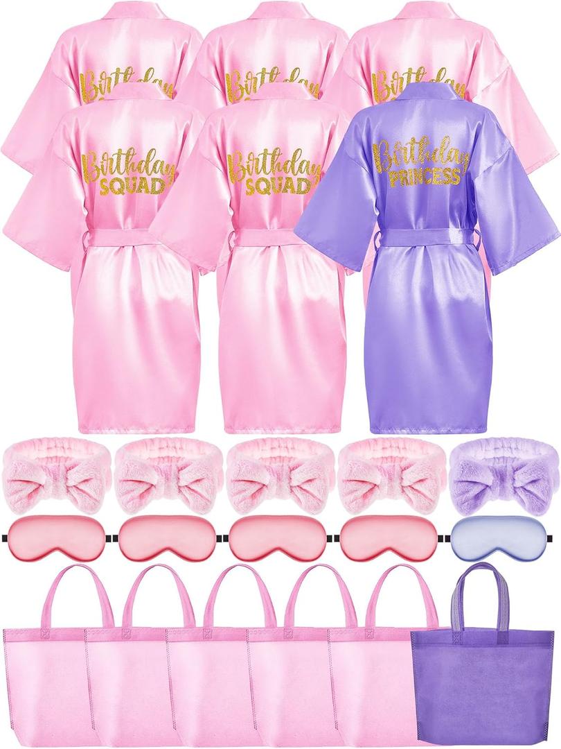 Sintuff 24 Pcs Kids Spa Party Supplies for Girls 6 Spa Party Robes 6 Tote Bags 6 Headbands 6 Eye Masks(Size 8, Purple Birthday)