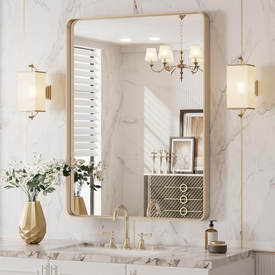 LOAAO 20X30 Gold Bathroom Mirror, Rounded Rectangle Gold Frame Mirror, Brushed Gold Bathroom Vanity Mirror Wall-Mounted, Anti-Rust, Hangs Horizontally or Vertically