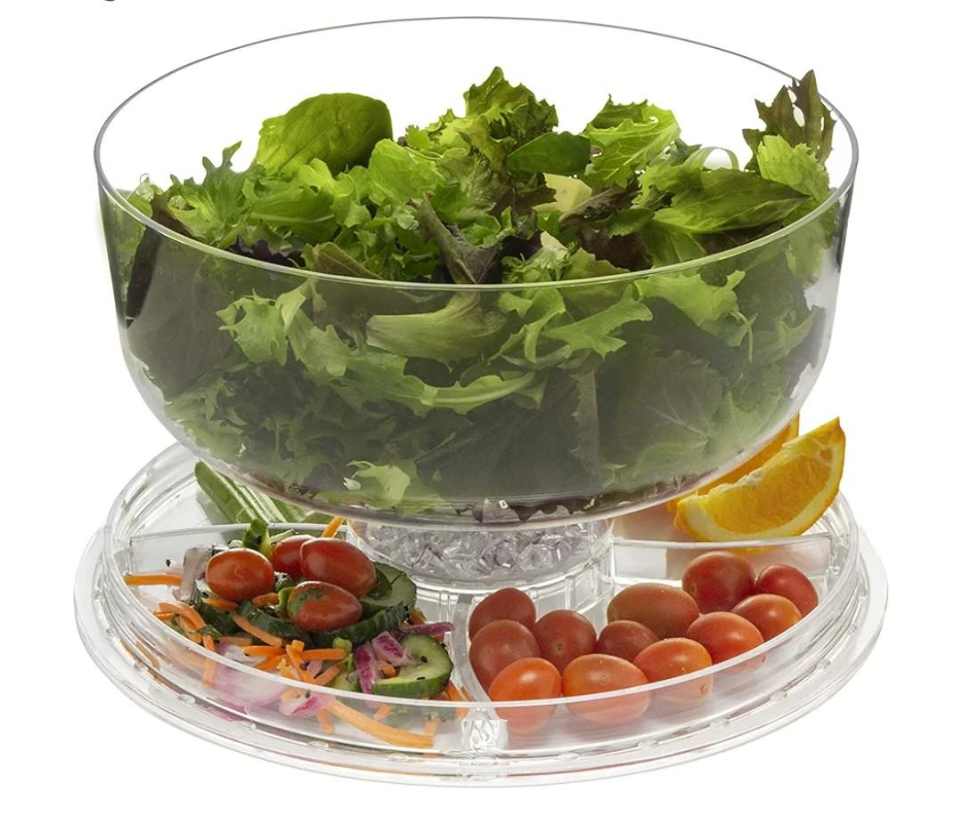 Acrylic Salad and Fruit Bowl Serving Platter with Dome and Ice Holder Set, Chip Resistant Large 12” Clear