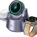 4-in-1 Magnetic Wireless Charging Station with Night Light  Fast Charger Dock for iPhone 17/16/15/14/13, Apple Watch, AirPods  Adjustable Angle MagSafe-Compatible Desk & Bedside Charging Stand (Grey)