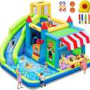 FBSPORT Inflatable Bounce House Water Slide, Bounce House for Kids with Toy Market Stand Splash Pool Bouncer Climbing Wall Water Gun Ball Dart, Bouncy Castle W/620W Blower for Outdoor Indoor, Green