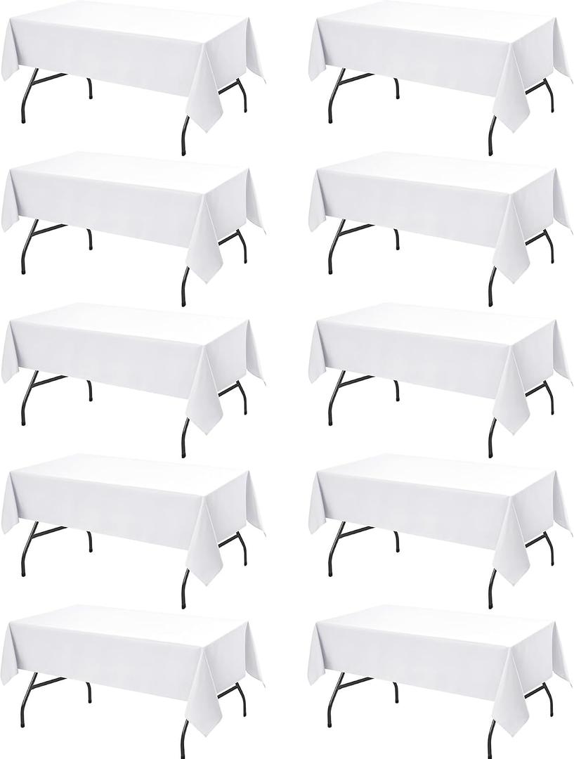 10-Pack White Tablecloths for Rectangle Tables, 60 x 84 Inches, Stain-Resistant Polyester Fabric for 4 Foot Tables - Washable Table Covers for Weddings, Banquets, Birthday Parties, Events