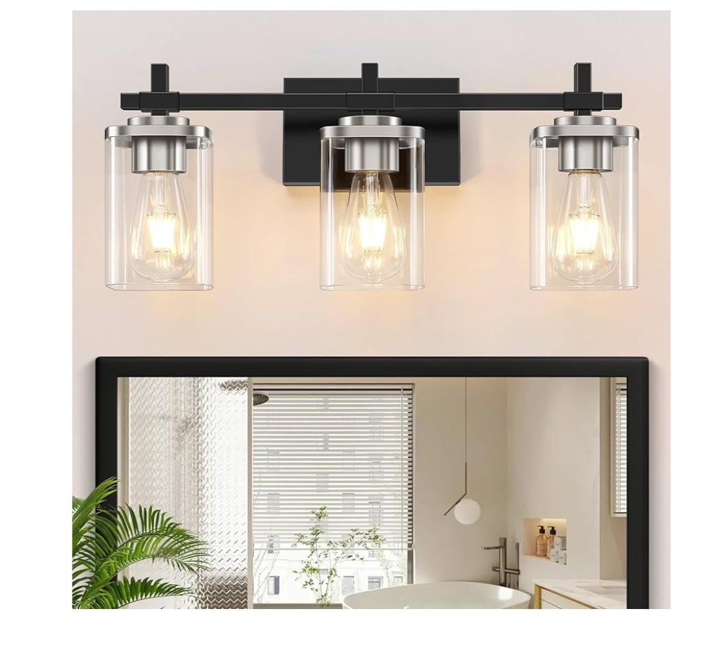 3-Lights Black and Brushed Nickel Bathroom Light Fixtures, Modern Black and Nickel Vanity Light with Clear Glass Shade, Wall Mount Lights Over Mirror for Bedroom Hallway Living Room