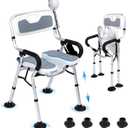 Heavy Duty Shower Chair,U-Shape Seat Foldable Shower Chair for Private Washing, Elderly and Disabled, Adjustable Height Chairs with Padded Arms and Back for Bathroom,350 lbs Capacity
