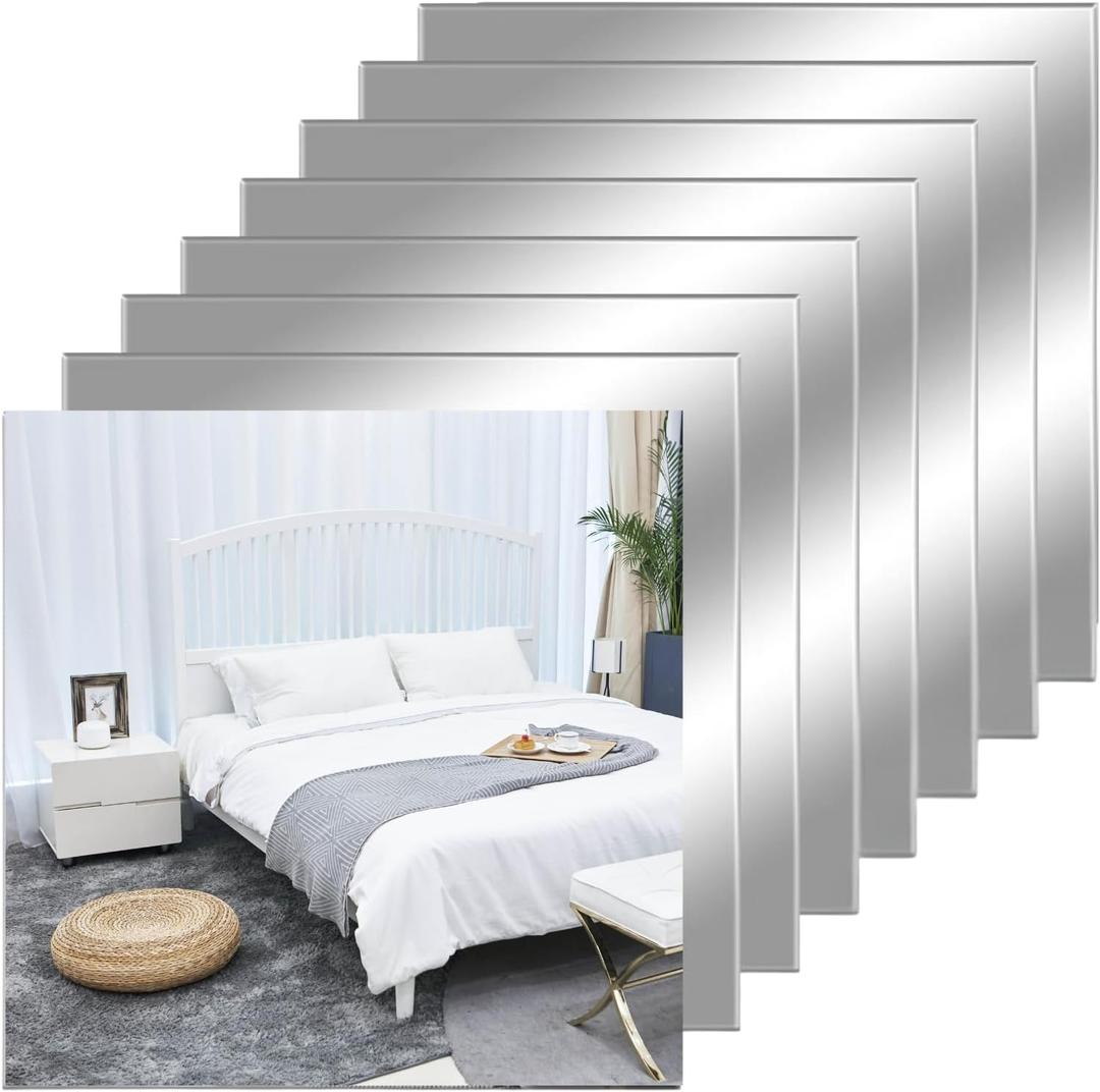 12" x 12" Acrylic Flexible Mirror Sheets, 8 Pack Self Adhesive Mirror Tiles Square Cuttable Mirrors Wall Stickers, Non-Glass Plastic Mirrors Stickers Safety Reflective for DIY Craft Home Wall Decor