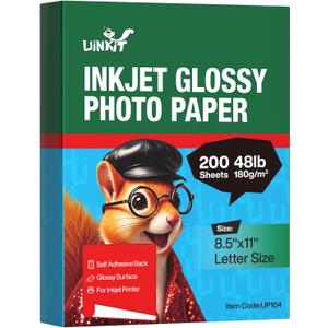 Uinkit Glossy Photo Paper 8.5 x 11 in Letter, 180 gsm 48 lb, Single-Sided, Instant Dry, Smudge-Resistant Inkjet Paper, Bright White, 200 Sheets for Home/Office Trial Use