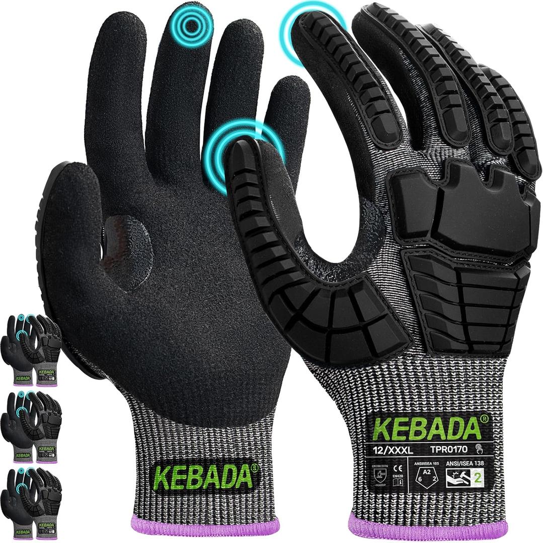 Kebada Impact Protection Gloves, ANSI A2 Cut Resistant Work Gloves with Grip, Touchscreen, Sandy Nitrile Coated (Large, Black (3 Pair))