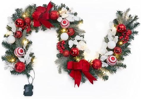FairyLee 6ft Battery Operated Christmas Garland with 20 LED Lights & Timer, Pre-Lit Artificial Garland for Mantle, Staircase, Table, Indoor Outdoor Xmas Holiday Decor, Red Bow