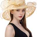 Women Derby Fascinator Hat Organza Church Wedding Tea Party Hats Wide Brim Sun Hat, 06 Gold