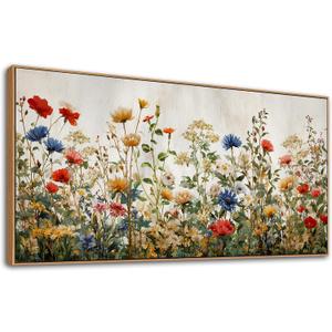 KZKU Wildflower Wall Art Floral Canvas Print Framed Vibrant Multicolor Flowers Art with Frame Ready to Hang Modern Home Decor for Living Room Bedroom Office 20x40inch