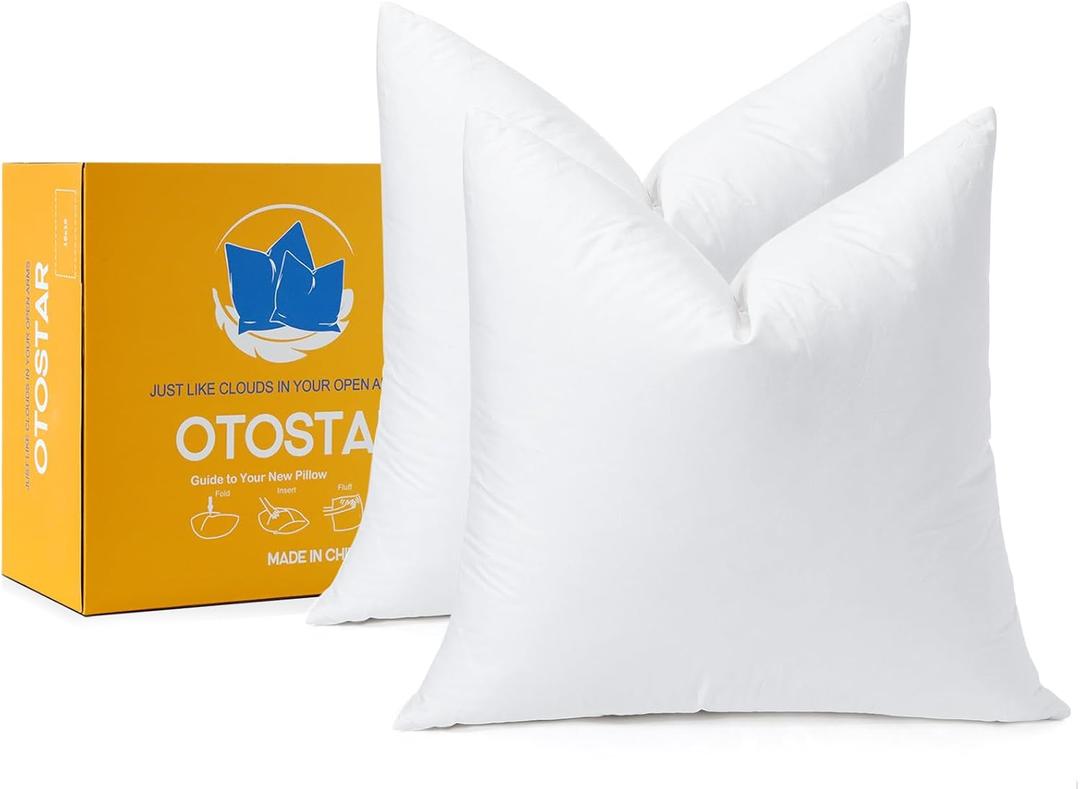 OTOSTAR Pack of 2 Down and Feather Throw Pillow Inserts, 20 x 20 Soft Fluffy Square Pillow Inserts with 100% Cotton Cover Decorative Pillows for Sofa Couch Bed-White (20x20 Inch (Pack of 2))