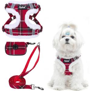 PUPTECK Dog Harness and Leash Set Small Sized, Step in No Pull Adjustable Puppy Cat Harness Reflective Pet Vest (XS (9-13lbs, Chest 14"-16"), #3 Red(Plush Plaid))