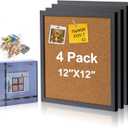 AkTop Cork Board Bulletin Board 12x12, Black Framed Corkboard 4 Pack, Small Square Pin Board for Wall, Mini Thick Cork Tiles with 16 Push Pin Wood Clips for School, Home & Office