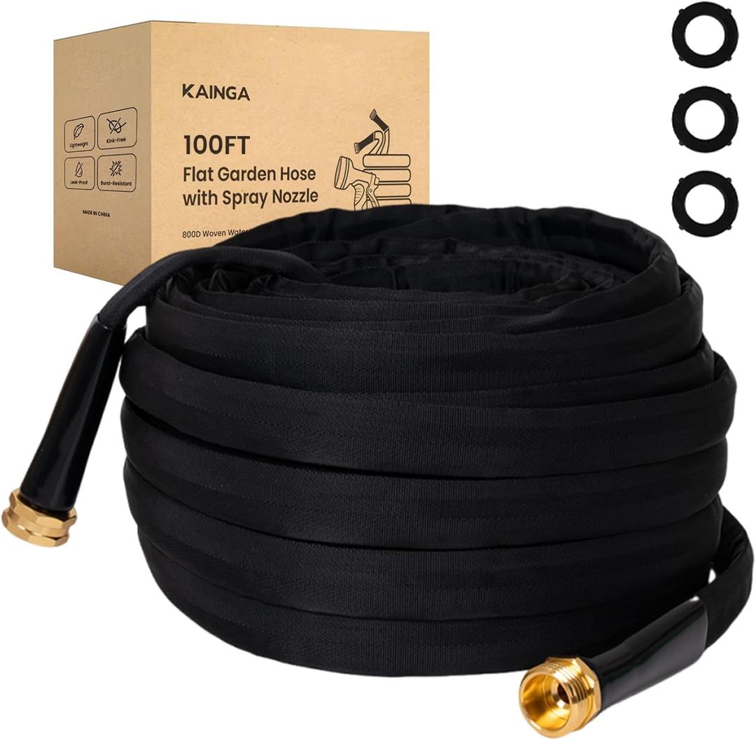 Lightweight Flat Garden Hose 100 FT, 3/4" GHT Flexible Water Hose, Kink Free & Durable 800D Fabric, Portable 100ft Garden Hose for Lawn, Yard, Car Wash