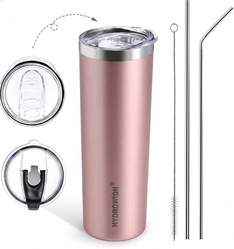 HYDROWION Triple-Insulated Tumblers - Stainless Steel with Lid and Straw, 20 oz Water Bottle, Stainless Steel Cups, Coffee Travel Mug for Home & Office (Rose Gold)