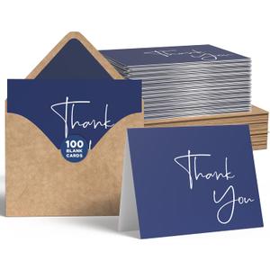 VNS Creations Thank You Cards With Envelopes Bulk Set & Stickers - 100 Pack 4x6 Blank Thank You Notes Bulk Box Set - Large Note Card Small Business, Wedding, Baby Shower & Bridal Shower - Navy Blue