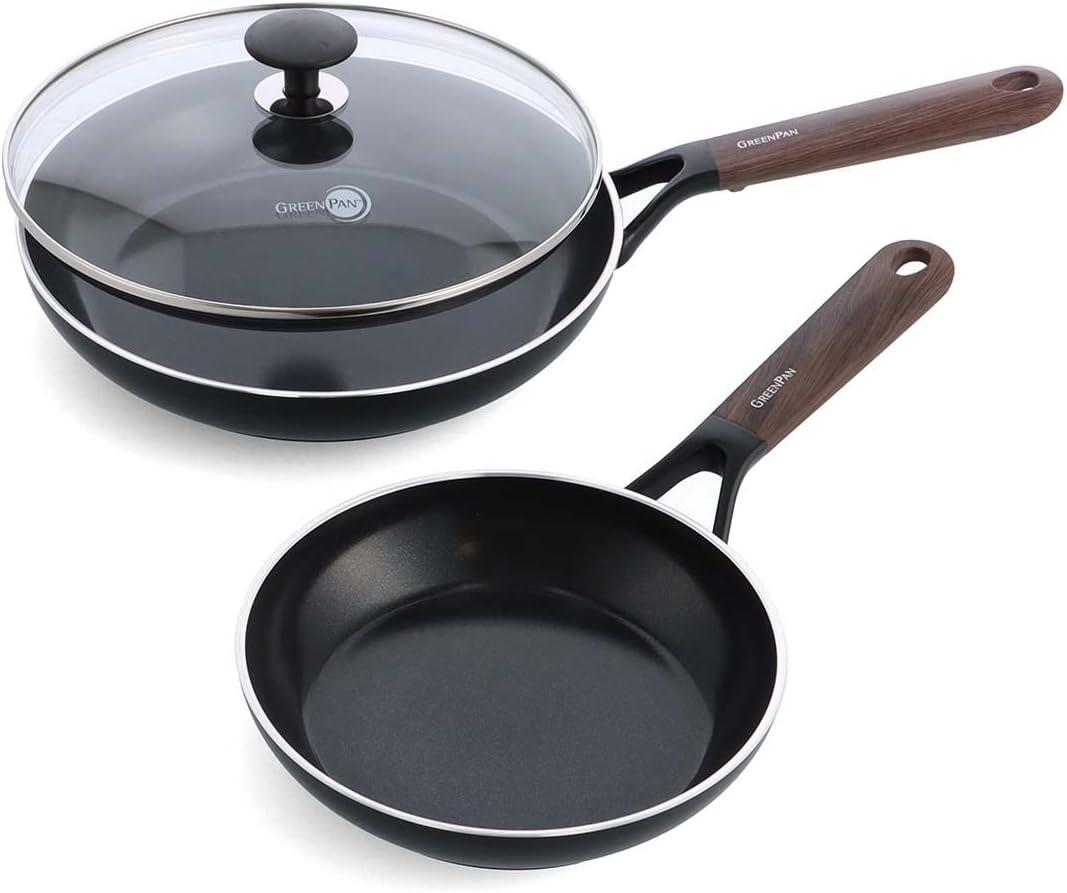 GreenPan SmartShape Healthy Ceramic Nonstick 3-Piece Frypan Set, PFAS-Free, Dishwasher Safe, Dark Wood