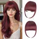 Flvaco Clip in Bangs, Synthetic French Bangs Hair Clip, Wine Red Fake Bangs Fringe with Temples Hairpieces for Women Natural Curved Hair Extensions for Daily Wear