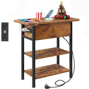 WLIVE End Table with Charging Station, Flip Top Narrow Side Table with Storage Shelf, Small Nightstand with USB Ports and Outlets,Bedside Table for Living Room, Bedroom,11.81" D x 23.62" W x 24.33" H