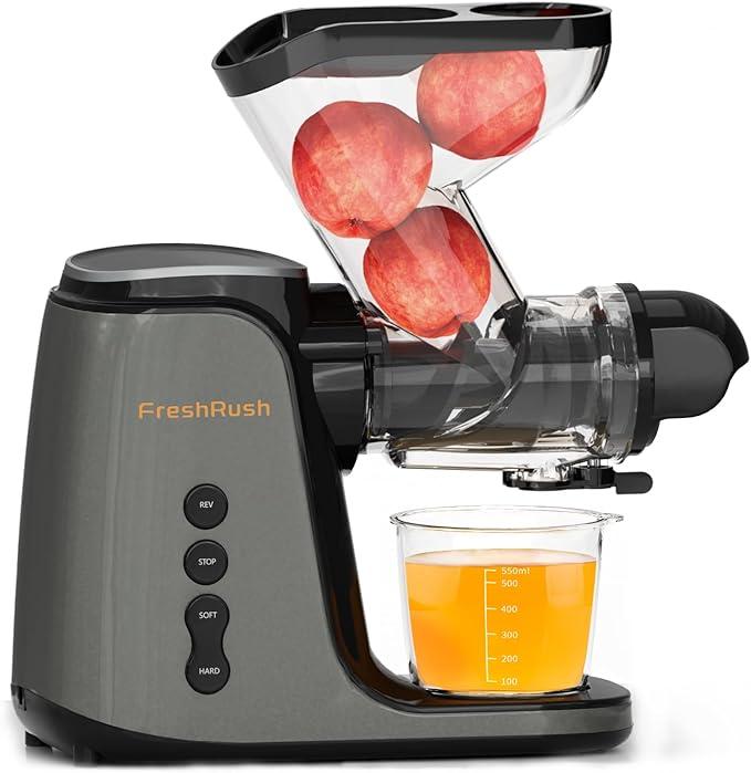 FreshRush Juicer Machines, 3.6 Inch Double Large Feed Chute Cold Press Juicer, High Juice Yield, Easy to Clean，3 Masticating Juicer Modes, Slow Juicer with 200W Motor (Grey)