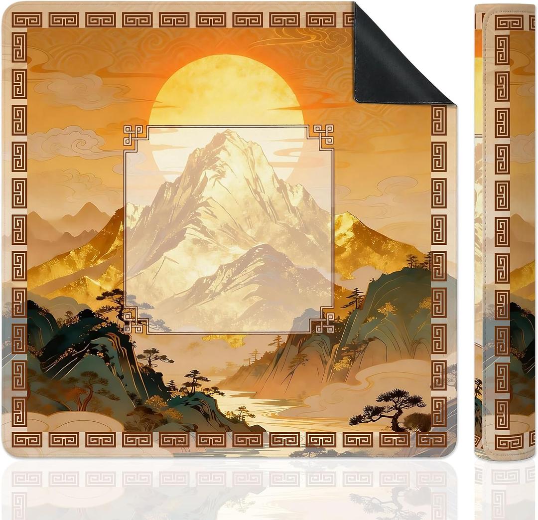 Gold Chinoiserie Mahjong Mat for Table, Chinese Nature Sunset Mountain Landscape 31.5" x 31.5" Non-Slip & Noise Reduction Mahjong Mat for Poker Dominoes Cards & Board Games