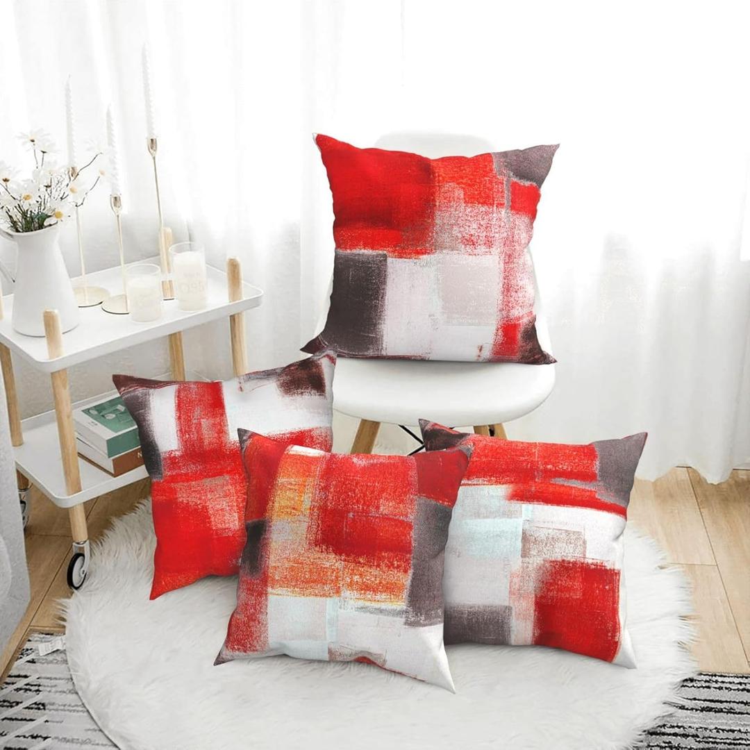 Red Throw Pillow Covers Decorative Cushion Case 18x18 Inch Set of 4 Taupe Abstract Art Painting Pillowcase for Sofa Couch Bedroom Living Room Farmhouse Office Car Decor Red Grey