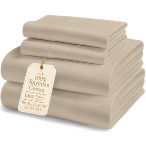 100% Egyptian Cotton King Sheet Set  1000 Thread Count Naturally Cooling & Breathable Sateen King Sheets, Authentic Long-Staple Cotton for Lasting Softness, Snug Fit 15" Deep Pocket Fitted - Taupe