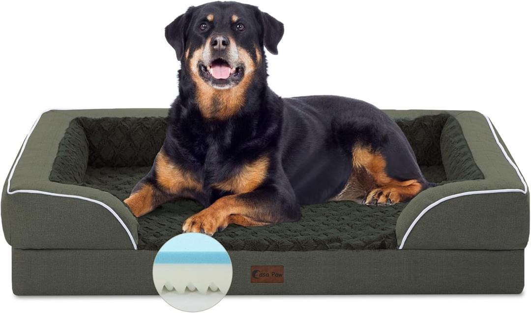 Orthopedic Waterproof Dog Bed for Extra Large Dogs, Memory Foam XL Dog Bed with Sides, Egg-Crate Foam and Non-Slip Bottom Jumbo Dog Couch Bed with Washable Removable Cover(Jumbo,Dark Green) (45.0"L x 35.0"W x 8.5"Th)
