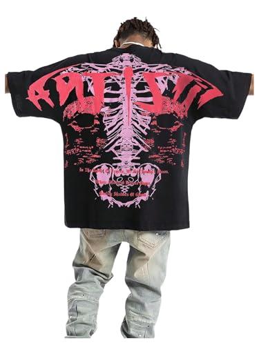 GORGLITTER Men's Oversized Graphic T Shirts Cool Short Sleeve Drop Shoulder Crewneck Tee Top Streetwear Black and Pink X-Large