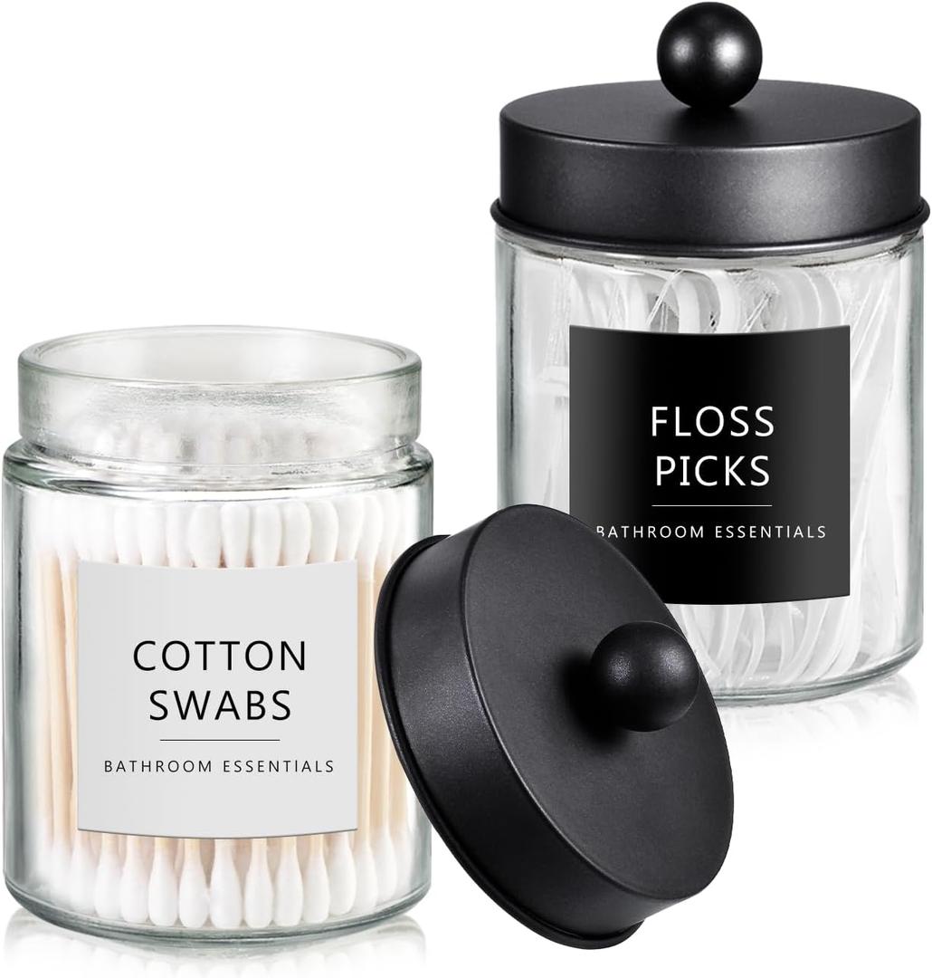 SheeChung Qtip Dispenser Holder 2pcs, Glass apothecary jars with Stainless Steel Lids &Stickers, Countertop Canister Guest Bathroom Storage Organizer Set for Cotton Swabs/Balls, Floss Picks(Black)